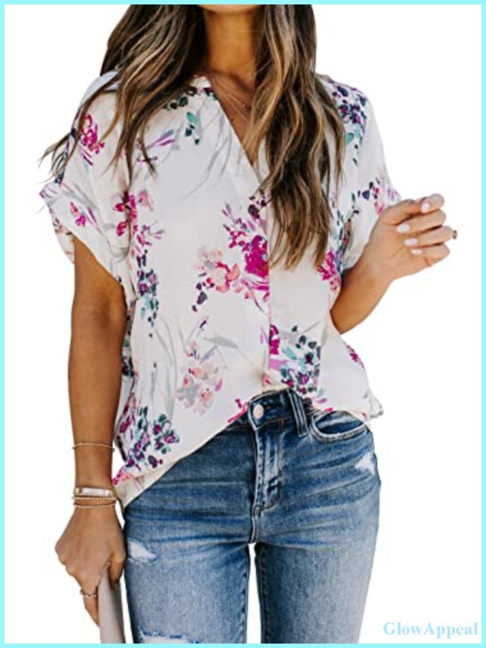Women's Chiffon Short Sleeve V-Neck Tunic Blouse Flowy Print